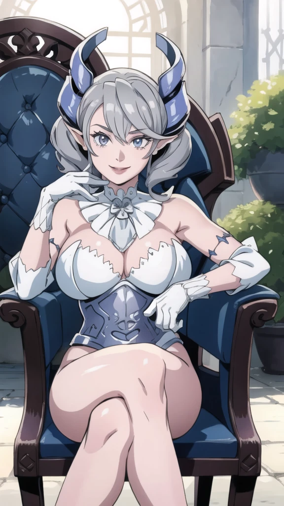 garden sun light High level image quality best image quality 8K adult woman silver castle outside roses pire white skin whole body view portrait bikini horn ears short hair((shortcut)(gray hair)(perm)(fluffy)) eye color is blue , gloves , attractive evil face , smile , sexy pose , labrynth , barearm , wearing pink , sitting on chair , crossed legs , view foot arc