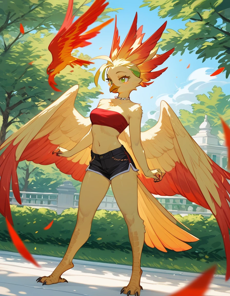 score_9, score_8_up, score_7_up, an Anthro phoenix girl, avian female, red and yellow body, spikey yellow hair, wearing elegant Haori, red bandeau, black short shorts, barefoot, standing, closed wings, yellow eyes, outdoors, at a park, seductive