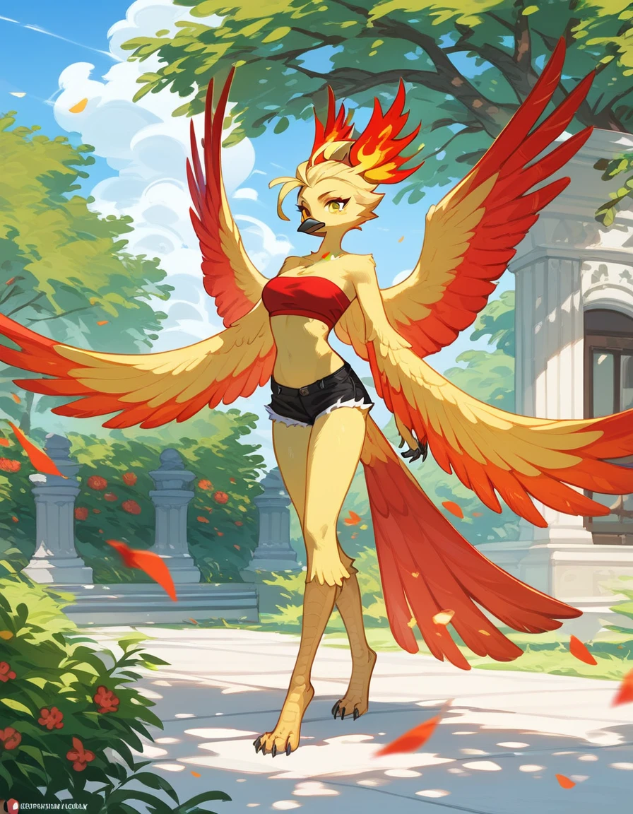 score_9, score_8_up, score_7_up, an Anthro phoenix girl, avian female, red and yellow body, spikey yellow hair, wearing elegant Haori, red bandeau, black short shorts, barefoot, standing, closed wings, yellow eyes, outdoors, at a park, seductive