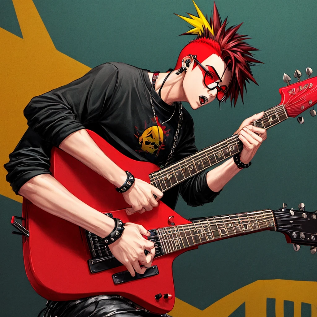 boy, bright skin, red and yellow mohawk, lip piercing, black glasses with spikes, black T-shirt, guitar