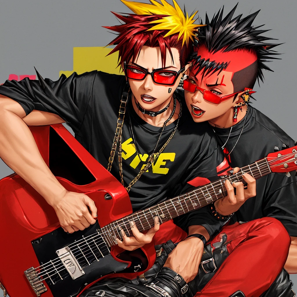 boy, bright skin, red and yellow mohawk, lip piercing, black glasses with spikes, black T-shirt, guitar