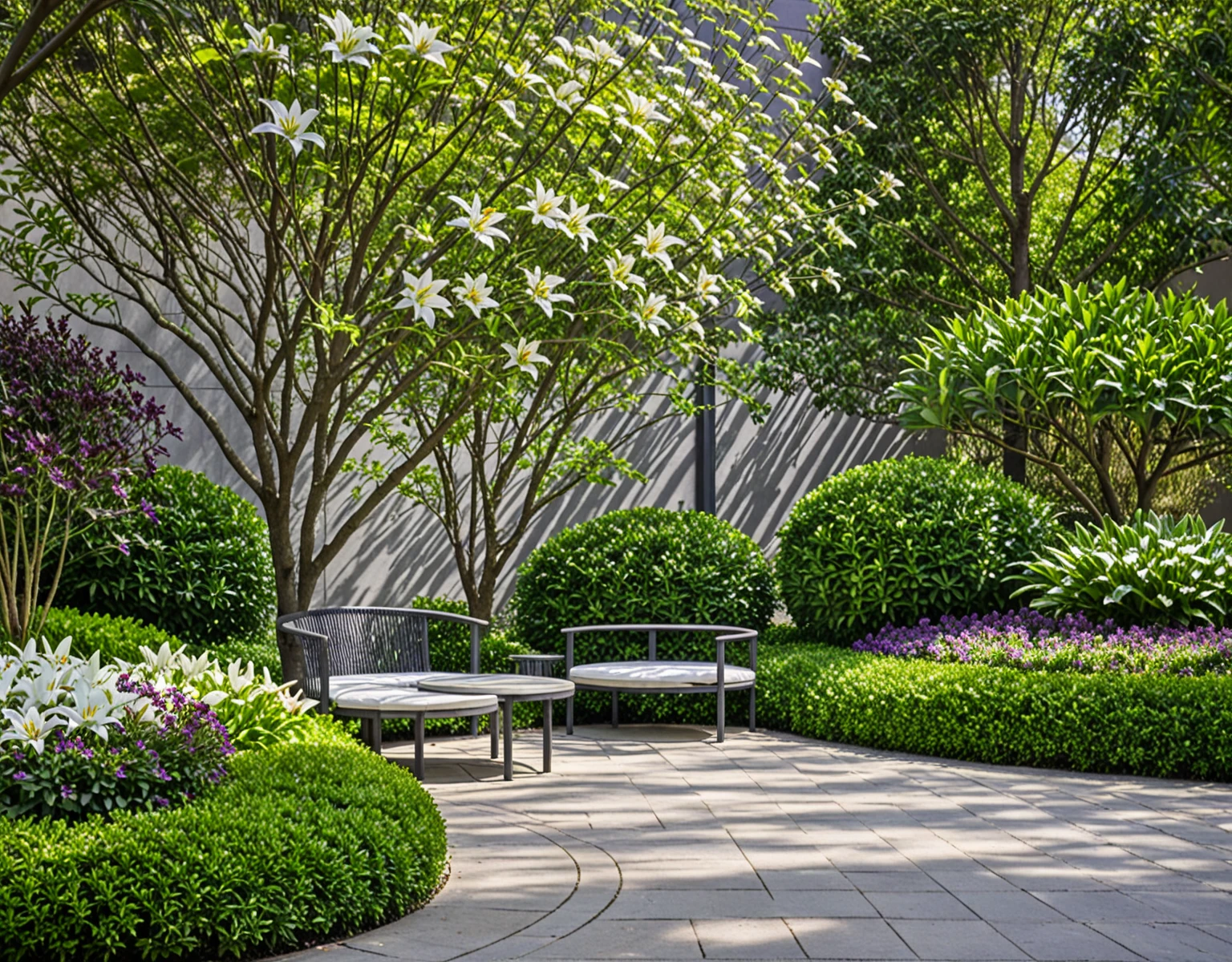 qlcd,tingyuan,no humans,scenery,tree,outdoors,bench,flower,chair,plant,day,shadow,This picture shows a modern style outdoor rest area. There is a circular table in the center of the area,on which a bunch of white lilies are placed. Four white mesh chairs were placed around the table. The background is a wall composed of dark gray vertical slats,surrounded by various plants,including purple flowers,green leafed shrubs,and a small tree. The entire scene is illuminated by sunlight, gate, sidewalk,