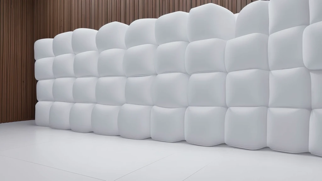 A wall composed of inflatable blocks，Realistic of a inflatable installation in the shape, white inflatable plastic film material, wrapped in a white polyester sheet. close-up，Front view，minimalist, most best quality,32K Ultra HD, super detail, best quality, highres, high details，Top view