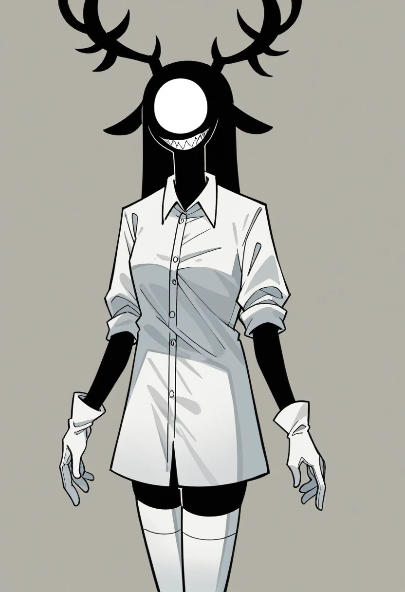 (best qualityer, masterpiece1.2), 1 girl, standing alone, antrum, cally3d, (black body), (darling ink), antlers, sharped teeth, white Stockings, Woman, housekeeper, eyes black, (no pupils), (white shirt), neckleace, knickers, Stockings, whitegloves, white face, sensuous, detailded, extreme detail, perfect lighting, 4K, cloused mouth, devil's tail, White tooth,