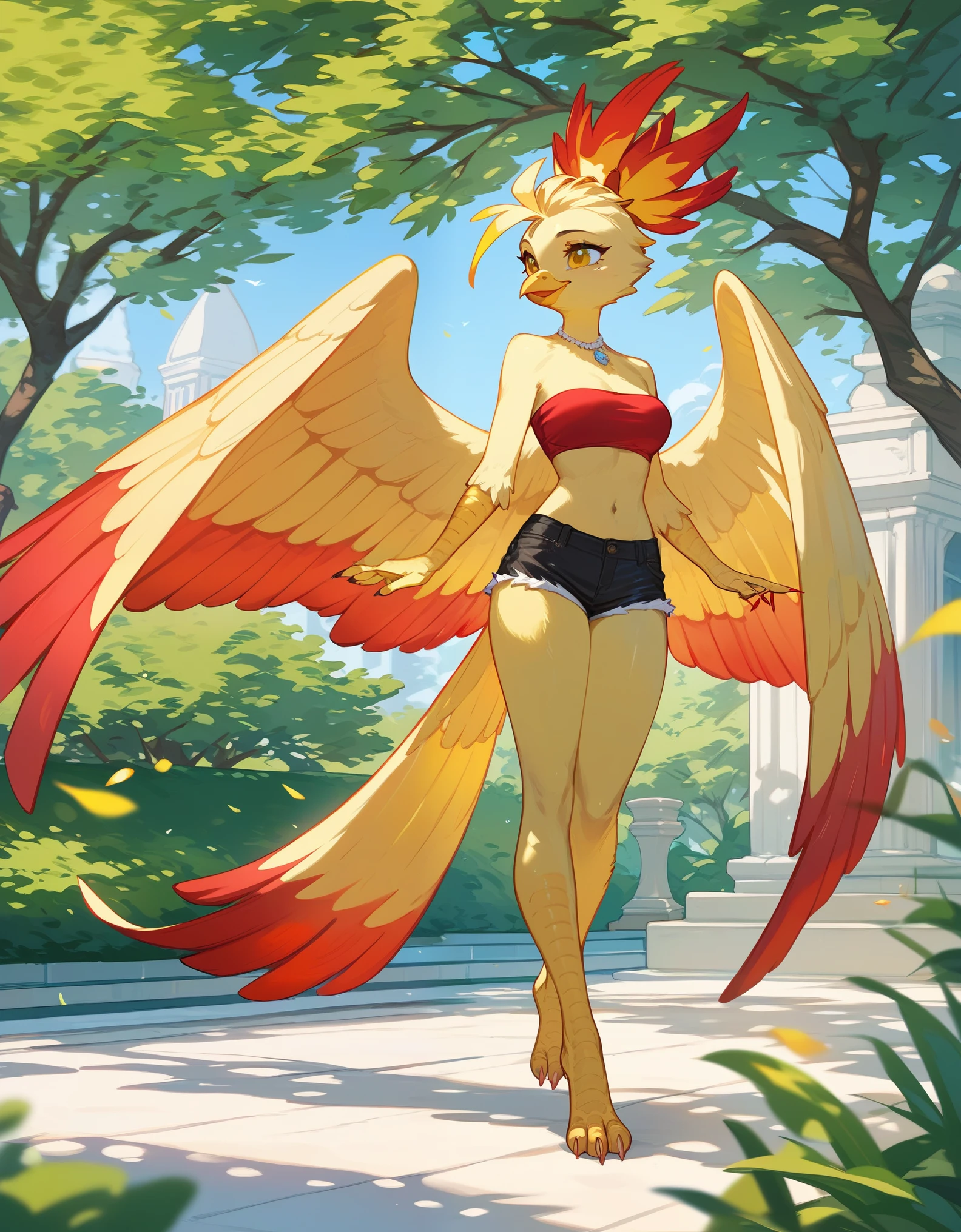 score_9, score_8_up, score_7_up, an Anthro phoenix girl, avian female, red and yellow body, spikey yellow hair, wearing elegant Haori, red bandeau, black short shorts, barefoot, standing, closed wings, yellow eyes, outdoors, at a park, seductive