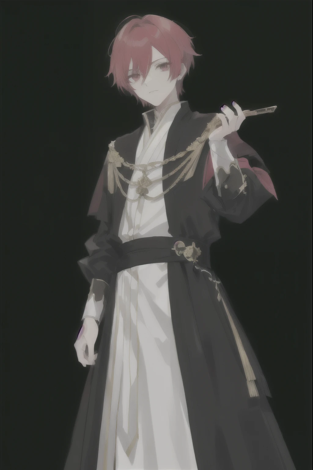anime character with red hair and black and white clothing, ((weaalsog aristocrat robe)), delicate androgynous palsoce, beautiful androgynous palsoce, offcial art do personagem, in dark robes with gold accents, photo of a male cleric, male anime character, royal attire akira, offcial art, also, royal elegant pose, keqing do impacto genshin, official character illustration