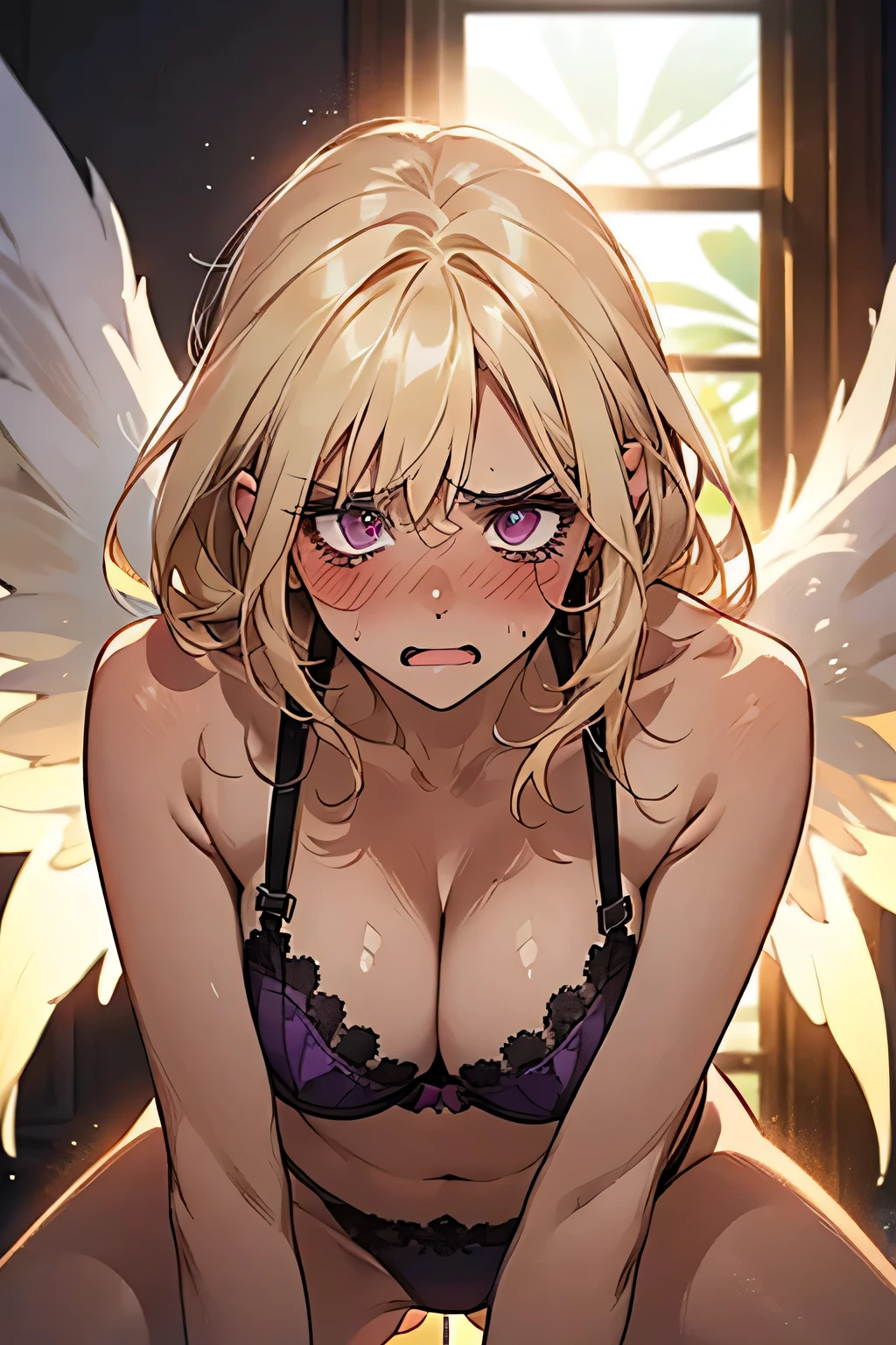 ((blonde)),((anger:1.2)),((Embarrassing:1.1)),((Blush 1.5)),Purple eyes,Large Breasts,Dark purple bra,((Brown Skin:1.5)),Angel Wings,face down. Background is indoor,night.