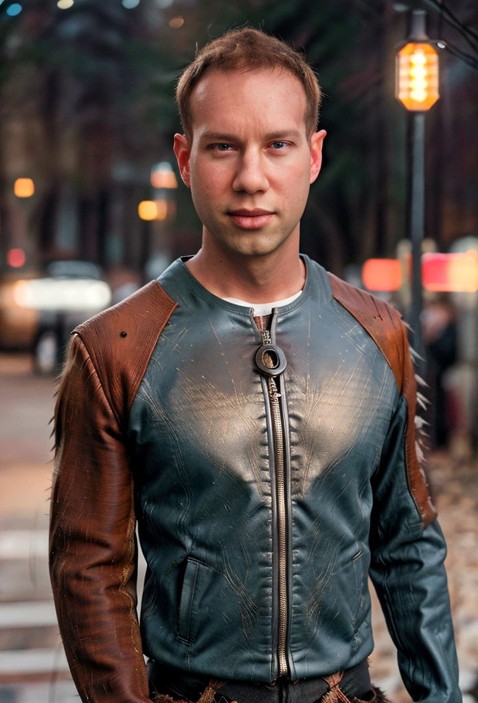 Todder8 Portrait photo of a handsome male full body photo, perfect eyes, wearing a shabby mecha coat, ((light bokeh)), intricate, (steel metal [rust]), elegant, sharp focus, photo by Greg Rutkovsky, soft lighting, bright colors, masterpiece, (street)), detailed realistic face, close-up of the face, Todder8, Todder5