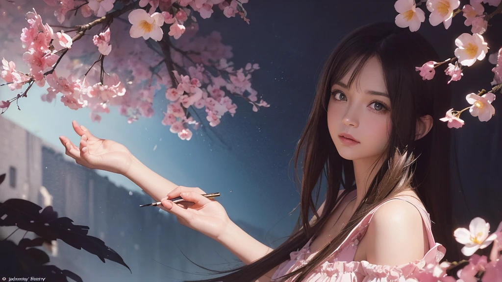 32k, Masterpiece, Highest quality, One girl, Brown Hair, Detailed eyes, flower,Freesia, Pink and navy style,A dreamy, romantic piece,Pale yellow, Mysterious Leaves,A playful arrangement,Fantasy,High Contrast,Ink strokes,explosion,Exposure, Impression of pink and navy tones,Abstract,((Watercolours by John Berkey and Jeremy Mann )) Brush strokes,Negative Space, Tyndall effect,