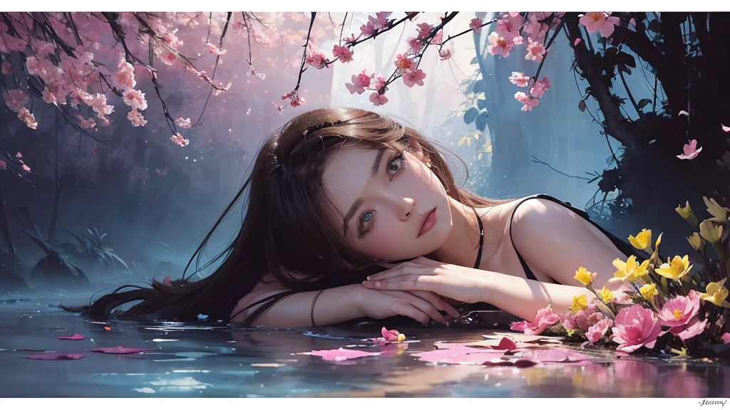 32k, Masterpiece, Highest quality, One girl, Detailed eyes, flower,Sandersonia, Pink and brown style,A dreamy, romantic piece,Pale pink, Mysterious Leaves,A playful arrangement,Fantasy,High Contrast,Ink strokes,explosion,Exposure, Impression of pink and brown tones,Abstract,((Watercolours by John Berkey and Jeremy Mann )) Brush strokes,Negative Space, Tyndall effect,