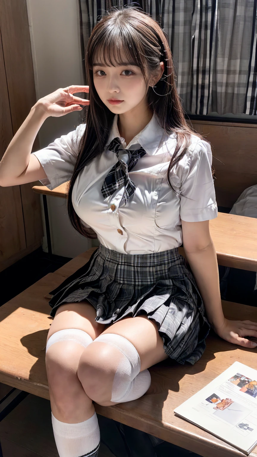 (8K, RAW Photos, Highest quality, masterpiece:1.2), (professional photography, full colors, studio-caliber color grading), (Gravure quality for high-end fashion magazines),  BREAK,18 year old girl, (boyish:1.15), (mannish:1.1), Big Natural Color Lip, (Plumpy body:1.2), (smooth skin:1.1 (huge breasts:1.0  BREAK (school uniform:1.2), ((loose style, tucked out tops):1.2), (fusion of oversized white tunic and white collared-shirt with untucked:1.4), (short sleeve:1.3), (button-up:1.4), (black and gray plaid pattern pleated mini skirt:1.2), (thigh skin:1.4), (socks:1.2), (loafers:1.1), BREAK hotel room