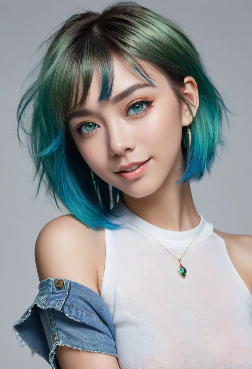 Full body, woman with white skin and Asian features, 24-year-old blue hair (green-eyed woman), green eyes, cobalt hair, blue hair , teal hair , shoulder-length hair, big breast. She has a small, elegant nose with a slight upward curve at the tip. Her lips are full and naturally pink, with a well-defined Cupid's bow. Her teeth are straight and white, enhancing her captivating smile. Her face has an oval shape with high cheekbones that add to her model-like appearance. (crack), detailed (texture!, hair!, shine, color!!, flaws: 1.1), highly detailed glowing eyes, (looking at camera), specular light, dslr, extreme quality, Fujifilm XT3, crystal clear, cute face, detailed skin pores, oil Dark skin, brown, complex eye details, she is far from the camera, A full-body portrait, captured from a distance. Dynamic Frame, A colorful Bob cut haired punk girl, innocent look, Ultra high res, uhd, (photorealistic:1.4), cyberpunk outfit, ripped shirt, wink, neon lighting, wearing short skirt, colorful loose socks, full body shot, head to toe, vogue pose, modelling,
