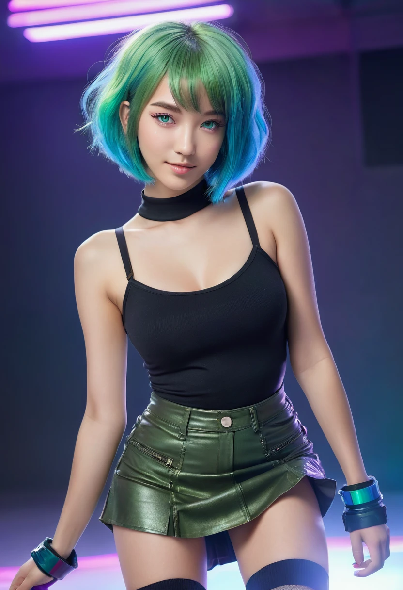 Full body, woman with white skin and Asian features, 24-year-old blue hair (green-eyed woman), green eyes, cobalt hair, blue hair , teal hair , shoulder-length hair, big breast. She has a small, elegant nose with a slight upward curve at the tip. Her lips are full and naturally pink, with a well-defined Cupid's bow. Her teeth are straight and white, enhancing her captivating smile. Her face has an oval shape with high cheekbones that add to her model-like appearance. (crack), detailed (texture!, hair!, shine, color!!, flaws: 1.1), highly detailed glowing eyes, (looking at camera), specular light, dslr, extreme quality, Fujifilm XT3, crystal clear, cute face, detailed skin pores, oil Dark skin, brown, complex eye details, she is far from the camera, A full-body portrait, captured from a distance. Dynamic Frame, A colorful Bob cut haired punk girl, innocent look, Ultra high res, uhd, (photorealistic:1.4), cyberpunk outfit, ripped shirt, wink, neon lighting, wearing short skirt, colorful loose socks, full body shot, head to toe, vogue pose, modelling,