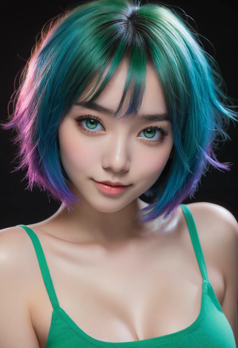 Full body, woman with white skin and Asian features, 24-year-old blue hair (green-eyed woman), green eyes, cobalt hair, blue hair , teal hair , shoulder-length hair, big breast. She has a small, elegant nose with a slight upward curve at the tip. Her lips are full and naturally pink, with a well-defined Cupid's bow. Her teeth are straight and white, enhancing her captivating smile. Her face has an oval shape with high cheekbones that add to her model-like appearance. (crack), detailed (texture!, hair!, shine, color!!, flaws: 1.1), highly detailed glowing eyes, (looking at camera), specular light, dslr, extreme quality, Fujifilm XT3, crystal clear, cute face, detailed skin pores, oil Dark skin, brown, complex eye details, she is far from the camera, A full-body portrait, captured from a distance. Dynamic Frame, A colorful Bob cut haired punk girl, innocent look, Ultra high res, uhd, (photorealistic:1.4), cyberpunk outfit, ripped shirt, wink, neon lighting, wearing short skirt, colorful loose socks, full body shot, head to toe, vogue pose, modelling,