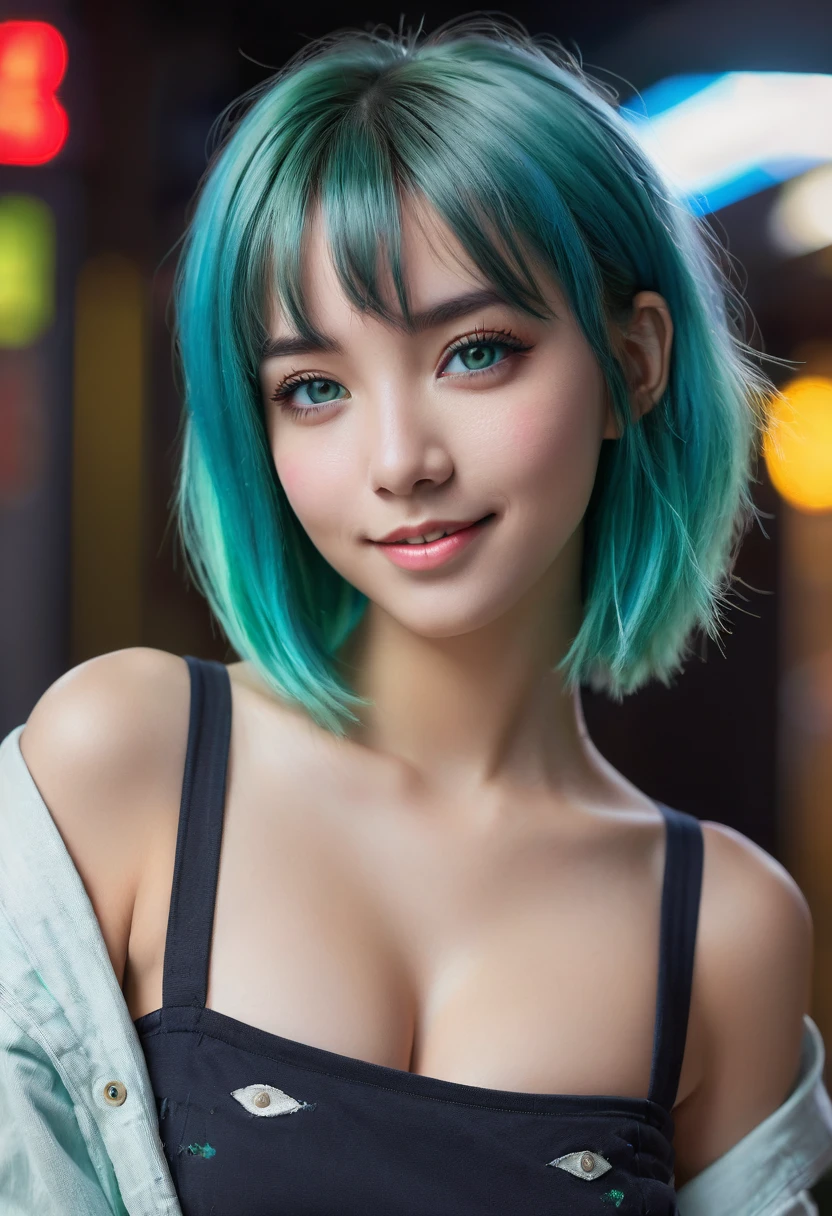 (blue hair:1.4), short hair, realistic green eyes, cobalt hair, long bob hair, tousled hair, shoulder length hair, Full body, woman with white skin and Asian features, 24 year old, big breast. She has a small, elegant nose with a slight upward curve at the tip. Her lips are full and naturally pink, with a well-defined Cupid's bow. Her teeth are straight and white, enhancing her captivating smile. Her face has an oval shape with high cheekbones that add to her model-like appearance. highly detailed glowing eyes, specular light, extreme quality, crystal clear, cute face, detailed skin pores, oil Dark skin, brown, complex eye details, 8K, top-quality, masutepiece, (photographrealistic:1.4), in 8K, busty farm girl posing in heavy rain, soaking wet, wet hair, wearing jean shorts, wet top, mix4, (8k, RAW photo, best quality, masterpiece:1.2), (realistic, photorealistic:1.37), cute, night, rain, humid, sweaty, professional lighting, photon mapping, radiosity, physically based rendering, ultra resolution
 armpits))), cleavage of the breast,
,  (short hair:1.2), (short hair:1.3), (short hair:1)