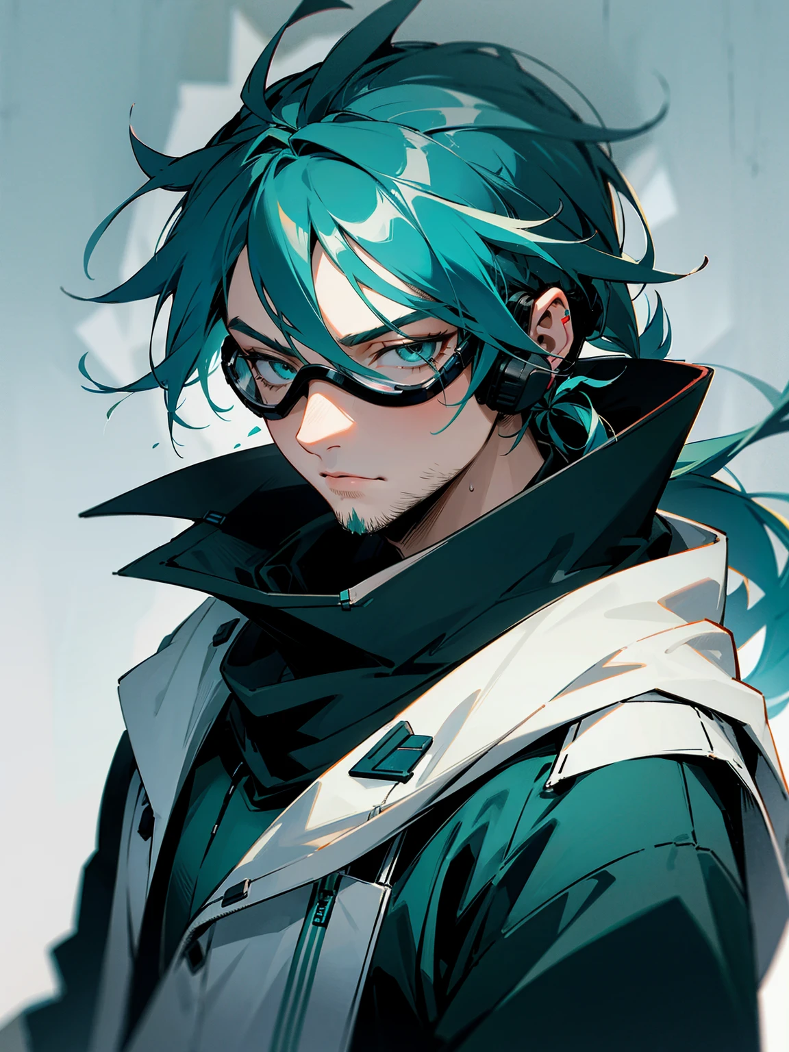 1male, adult, grey eyes, goggles, teal hair, messy hair, pony tail, long hair, scarf, headphones, techwear, snow, serious, stubble