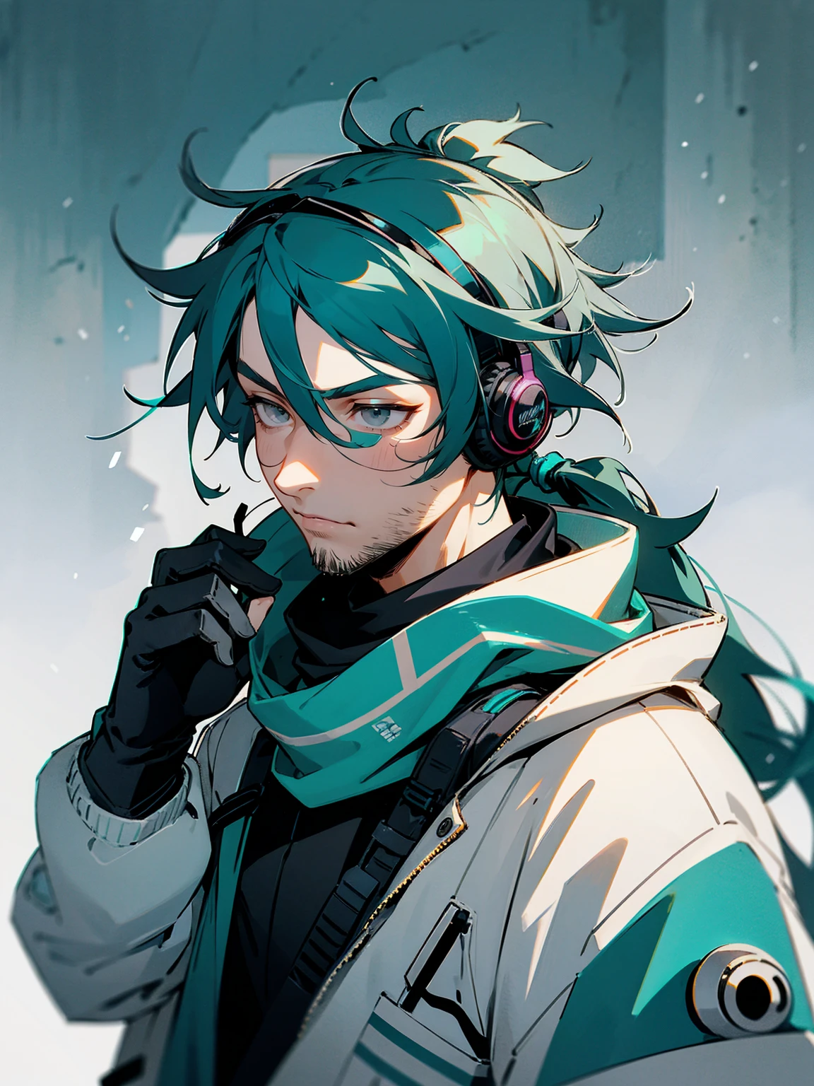 1male, adult, grey eyes, goggles, teal hair, messy hair, pony tail, long hair, scarf, headphones, techwear, snow, serious, stubble