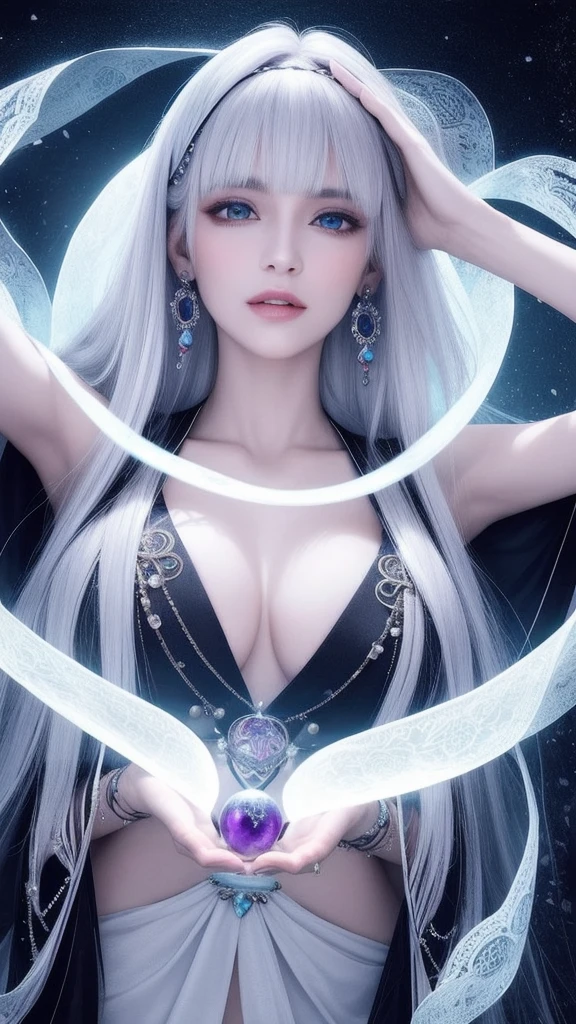 (masterpiece, top quality, 1 female, solo, exquisite details, chromatic aberration), (realistic), (skin), ((breathing)), (silver hair, blunt bangs, short straight long hair, short bangs, silver hair), beautiful hair, red headdress, blue highlights, hair over one eye, pretty eyes, purple eyes, thick lips, earrings, piercing eyes, ((gold and white kimono)), ((symmetrical eyes)), ((perfectly symmetrical body)), ((perfectly symmetrical hands)), (purerosface_v1:0.3), night, ((self, natural light))), bright lighting, flowers blooming in the background, in front of the viewer, ((central shot, from the front, (face and shoulders))), mysterious atmosphere, flowers blooming around, light colored background, fortune teller in kimono, beautiful fortune teller, fortune teller, fantasy female fortune teller, female fortune teller, f Fantasy photography, magician, witch fairy tale, Japanese style, elegant cinematic fantasy art, fantasy woman, sorceress portrait, casting spells, fortune teller, powerful wizard stands among mystical colorful flowers, fluttering robes adorned with symbols, holding a glowing heart crystal ball, eyes glowing with mystical energy, spells leaking from his mouth, vivid swirling patterns of black magic pulsating with iridescent hues appear in the air, magic permeates, flowers bloom, sacred creatures gaze in awe, threads of magical energy dance, revealing hidden realms, unravelling secrets, capturing the essence of this enchanting moment and bringing to life the mystical power of witchcraft on a canvas of the highest quality and finest detail. Top Quality, Masterpiece, Ultra High Resolution, (Photorealistic: 1.4), RAW Photo, Sharp Focus, High Resolution, Detailed Skin.