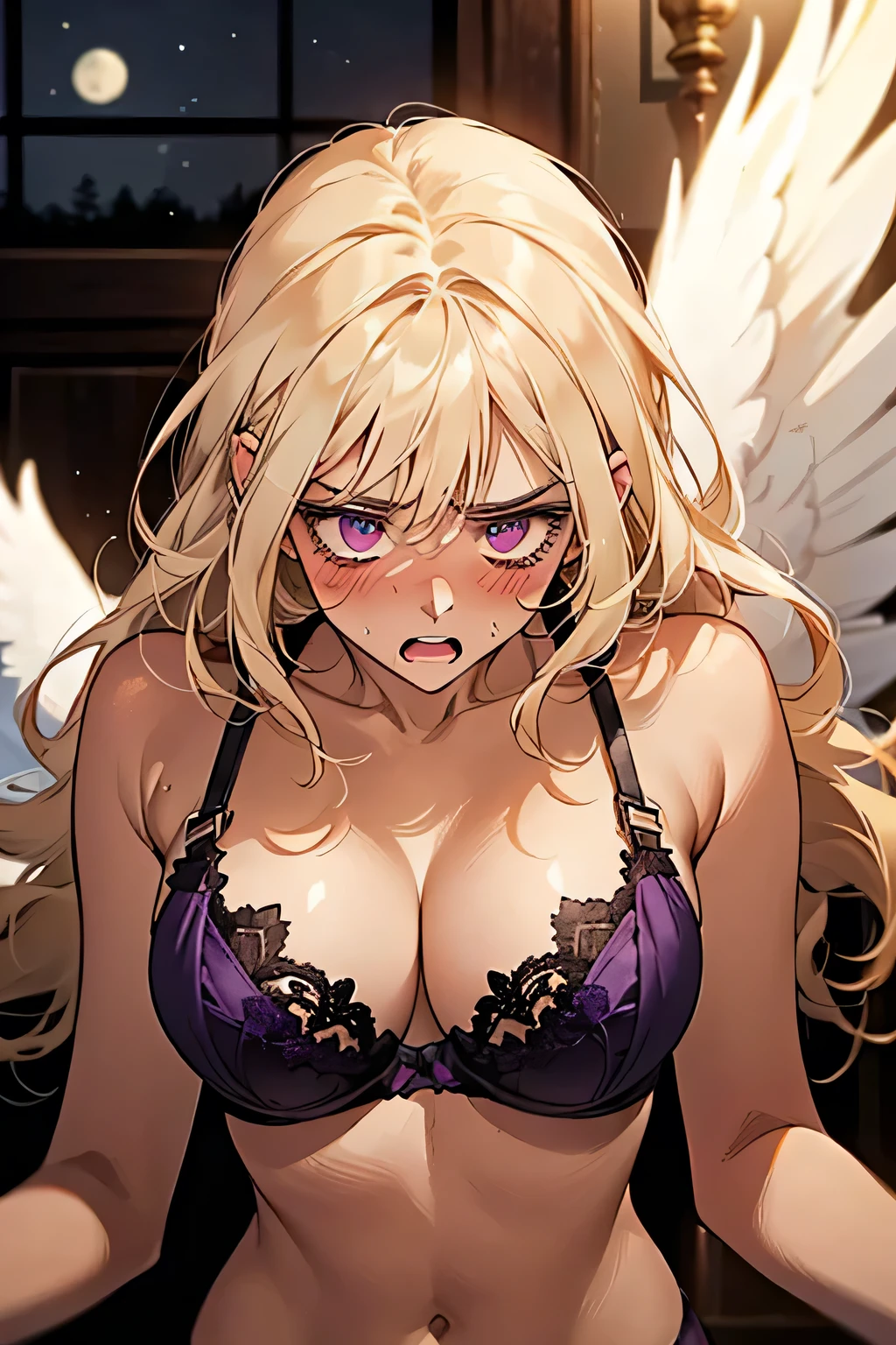 ((blonde)),((anger:1.2)),((Embarrassing:1.1)),((Blush 1.5)),Purple eyes,Large Breasts,Dark purple bra,((Brown Skin:1.5)),Angel Wings,face down. Background is indoor,night.