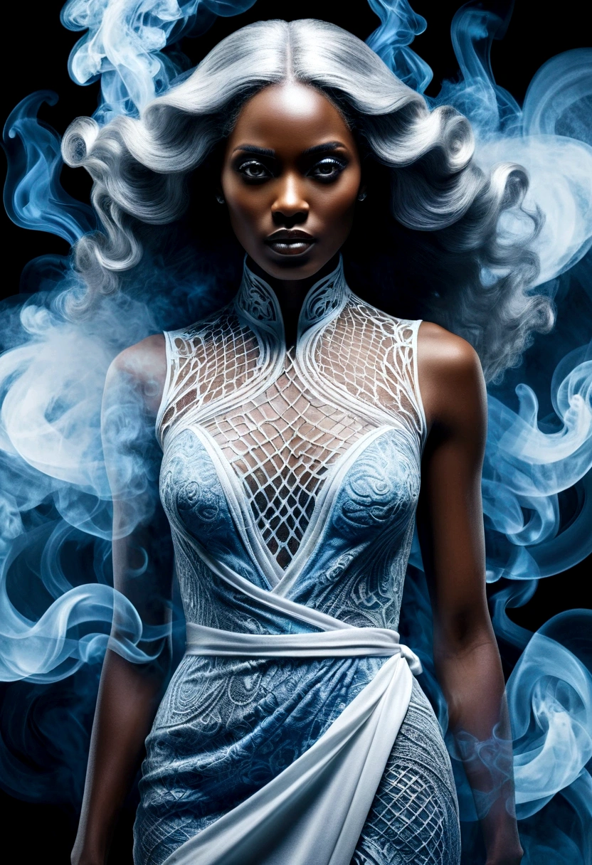 photoillustration of double exposure of merged, a white lady, a black lady, (transparency effect 0.5), seamless mix, texture and pattern, ((transparency effect 0.35)), iconic standing-pose stance, wrapped around blue-smoke, dramatic shadows, dramatic lights, interlacing elements, fantasy art, two tones, opposite-opponent digital manipulated photo art, hyper-realistic, ultra-detailed, crisp clarity, high-contrast, overexposure, luminous ambiance, rich textures, intricate patterns, vivid colors, cinematic lighting, photorealistic, accurate anatomical proportions.