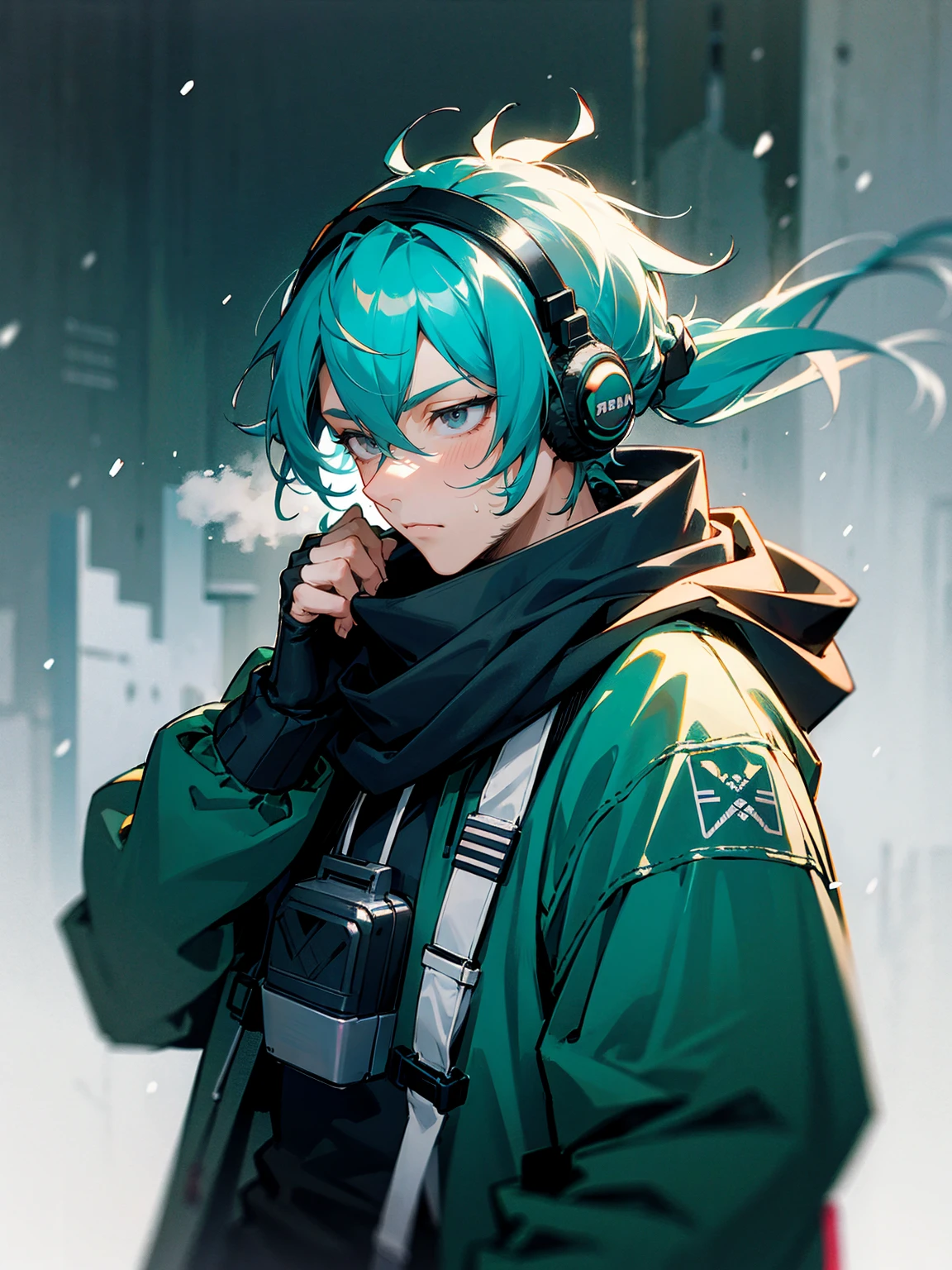 1male, adult, grey eyes, goggles, teal hair, messy hair, pony tail, long hair, scarf, headphones, techwear, snow, serious, stubble, lean build