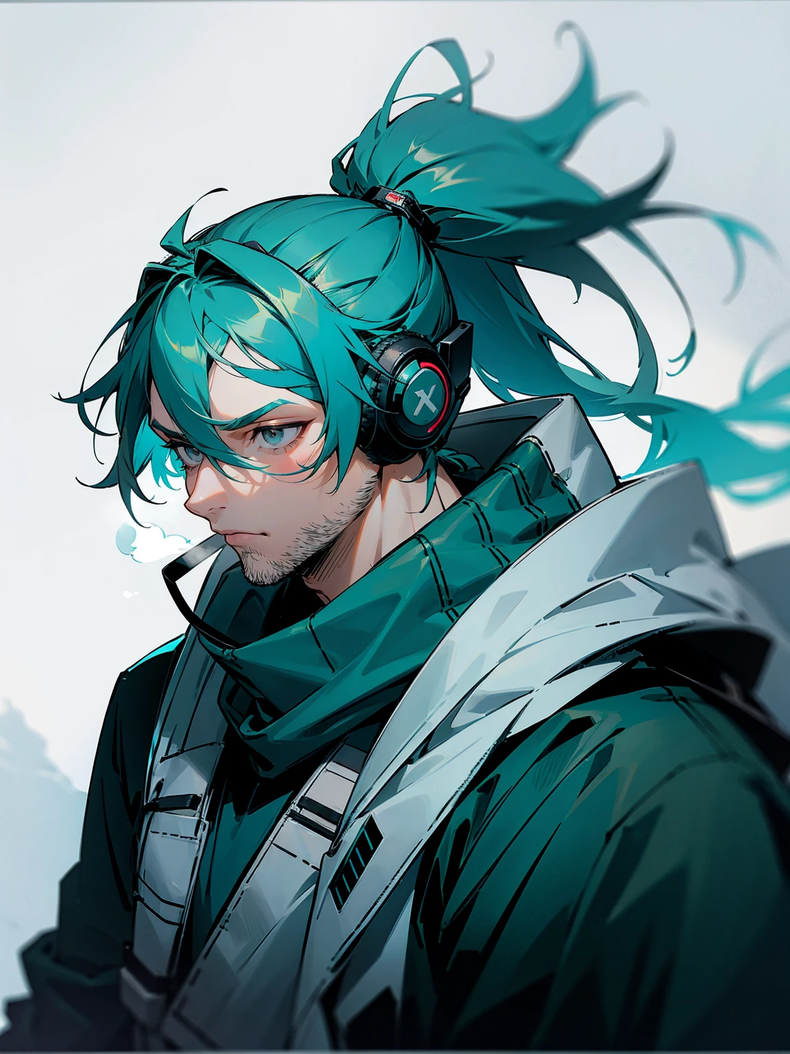 1male, adult, grey eyes, goggles, teal hair, messy hair, pony tail, long hair, scarf, headphones, techwear, snow, serious, stubble, lean build