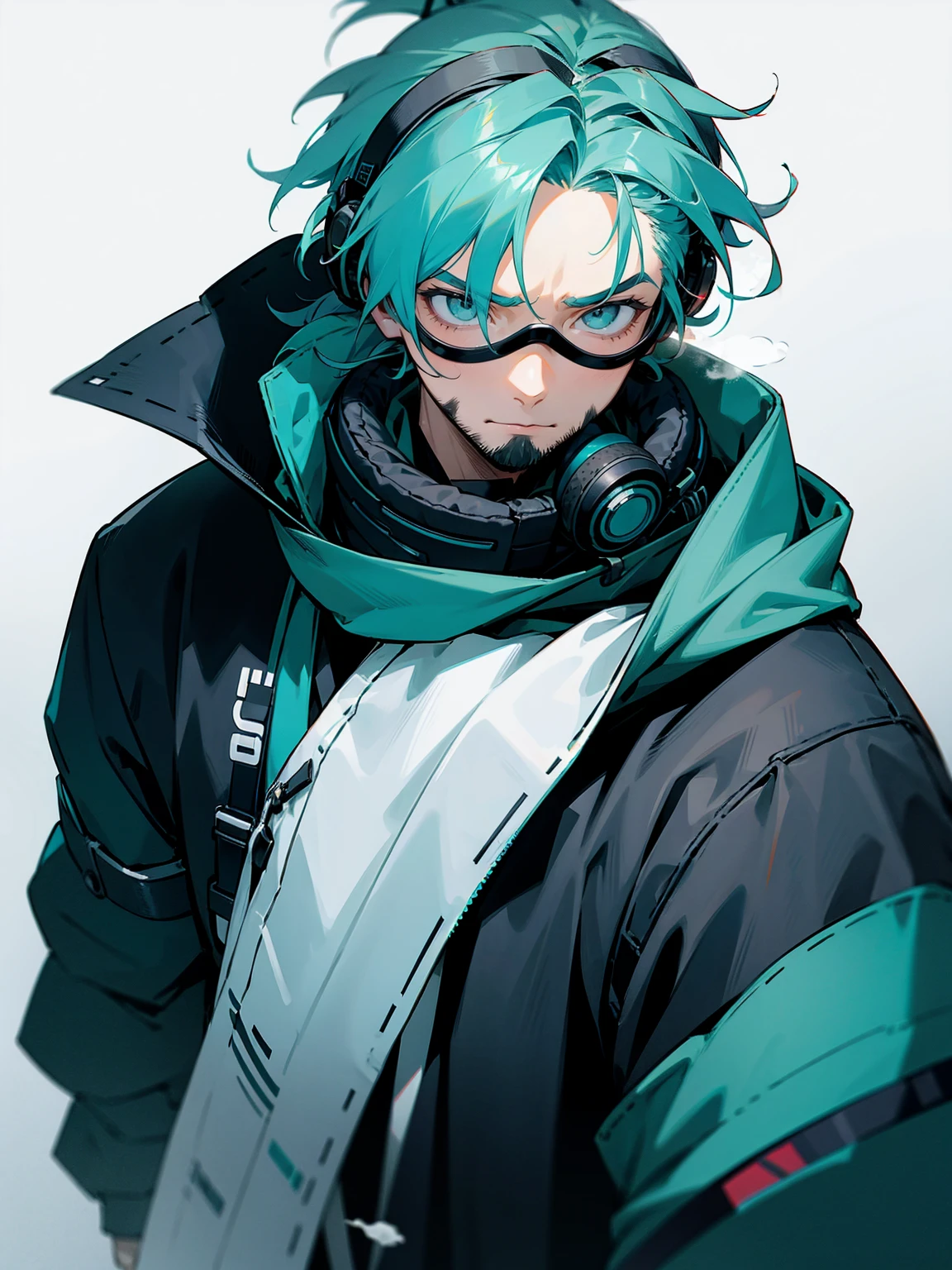 1male, adult, grey eyes, goggles, teal hair, messy hair, pony tail, long hair, scarf, headphones, techwear, snow, serious, stubble, lean build