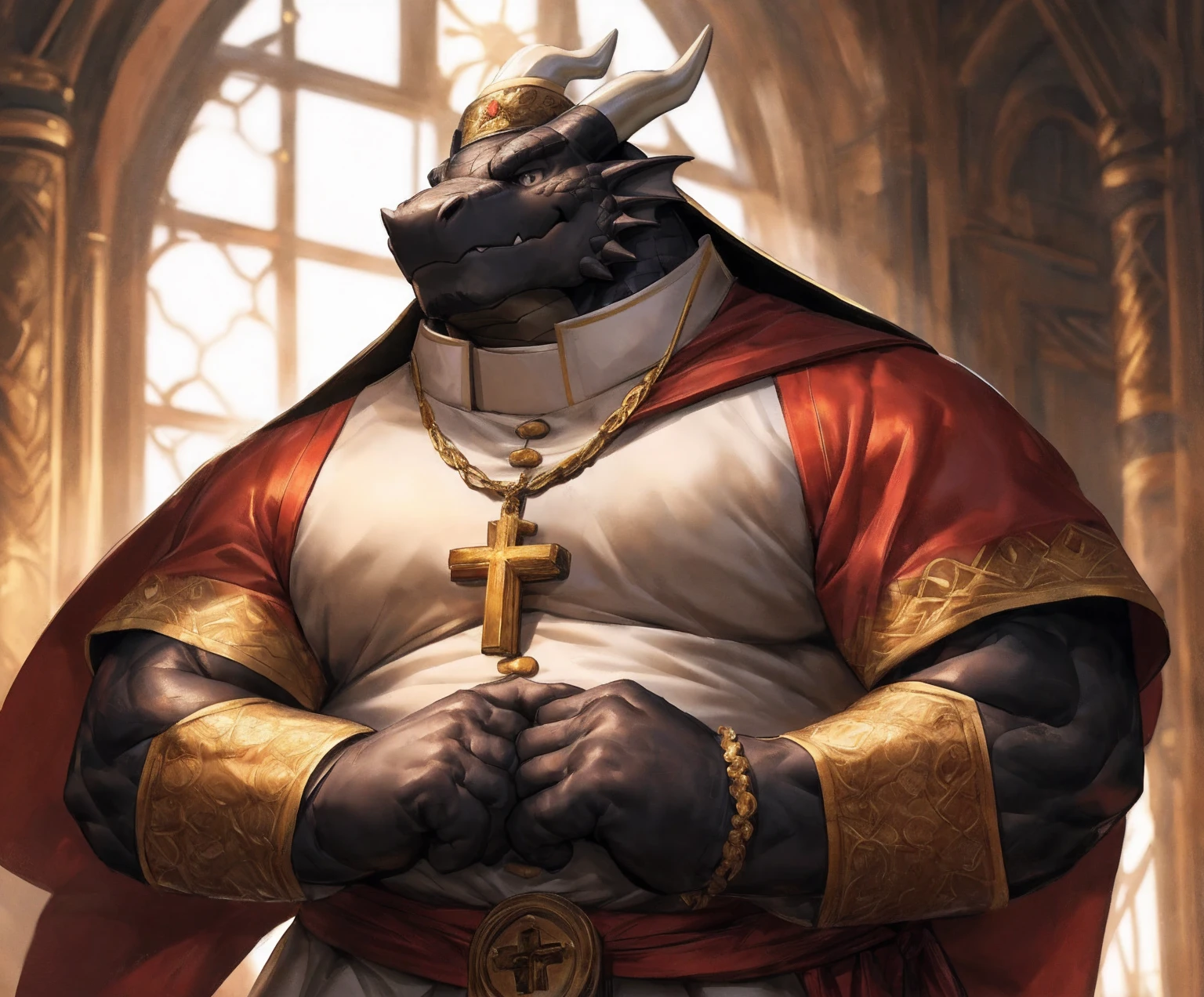 human nature, cannon, male, solitary, ((the strong,Handsome)), (dragon),((Traditional Catholic Pope outfit,西方dragondragon角)), standing,((Traditional Catholic style)),Hand in hand cross,high quality, (4K,high quality, high resolution, masterpiece), Front view (close up), cartoon,by lindong