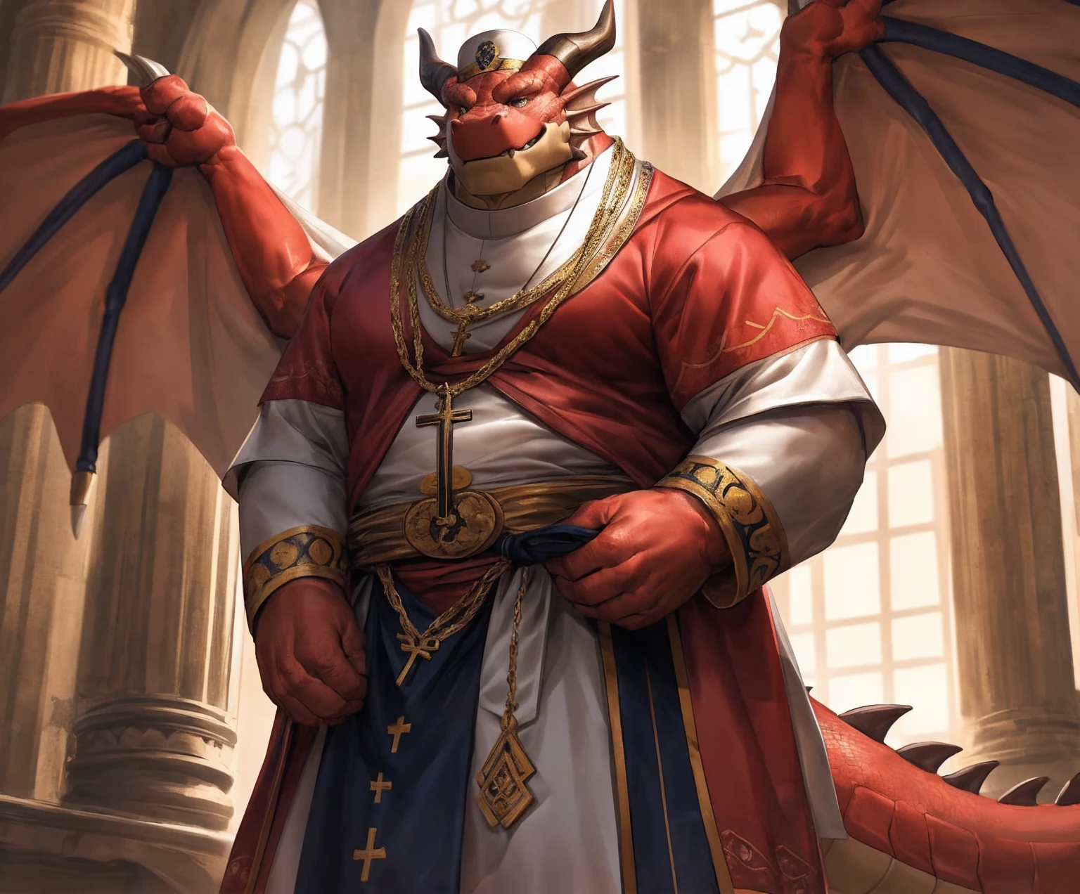 human nature, cannon, male, solitary, ((the strong，Handsome)), (dragon),((Traditional Catholic Pope outfit，西方dragondragon角))， standing，((Traditional Catholic style))，Hand in hand cross，high quality, (4K,high quality, high resolution, masterpiece), Front view (close up), cartoon,by lindong