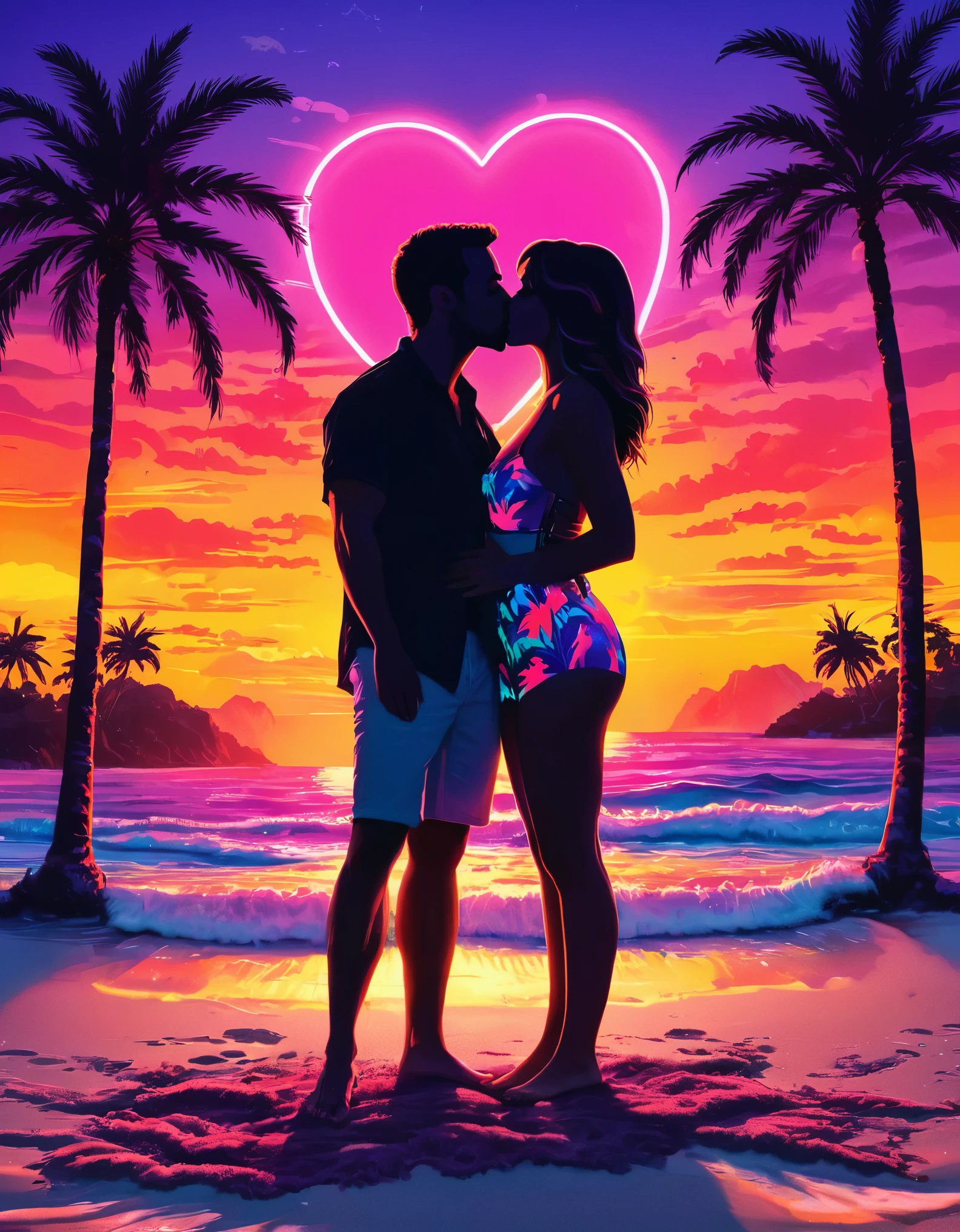 A vibrant neon art piece featuring the silhouette of a couple kissing on a beach at sunset, with neon heart shapes and palm trees in the background, creating a tropical romantic scene.