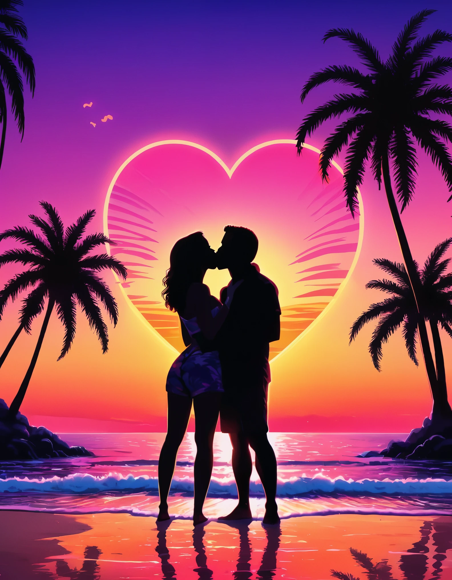 A vibrant neon art piece featuring the silhouette of a couple kissing on a beach at sunset, with neon heart shapes and palm trees in the background, creating a tropical romantic scene.