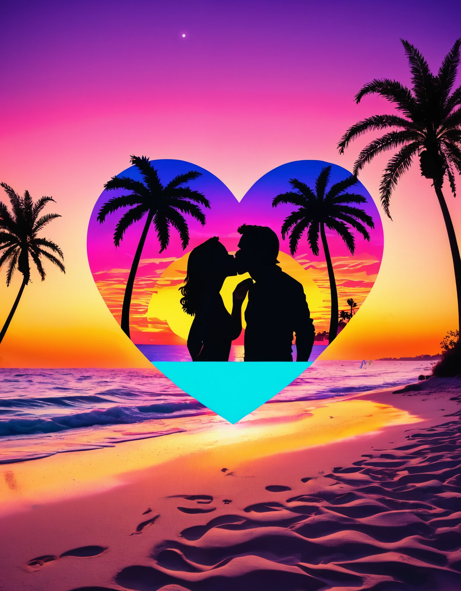 A vibrant neon art piece featuring the silhouette of a couple kissing on a beach at sunset, with neon heart shapes and palm trees in the background, creating a tropical romantic scene.