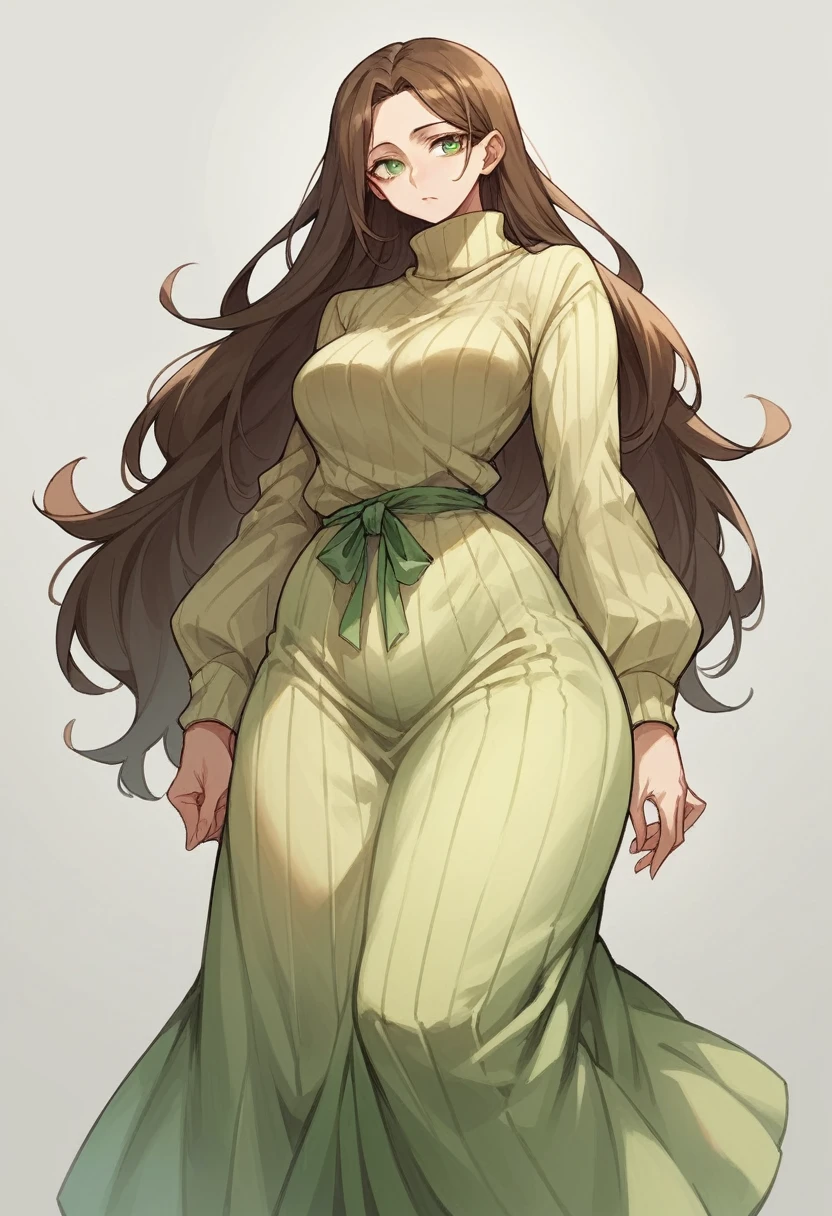 (A tall woman in her 30s,Brown Hair,Hairstyle is long side ponytail,Green Eyes,Medium chest,Wide thighs,A little bit chubby,Hair grows past the shoulders)Pale yellow vertical sweater,Light green long skirt