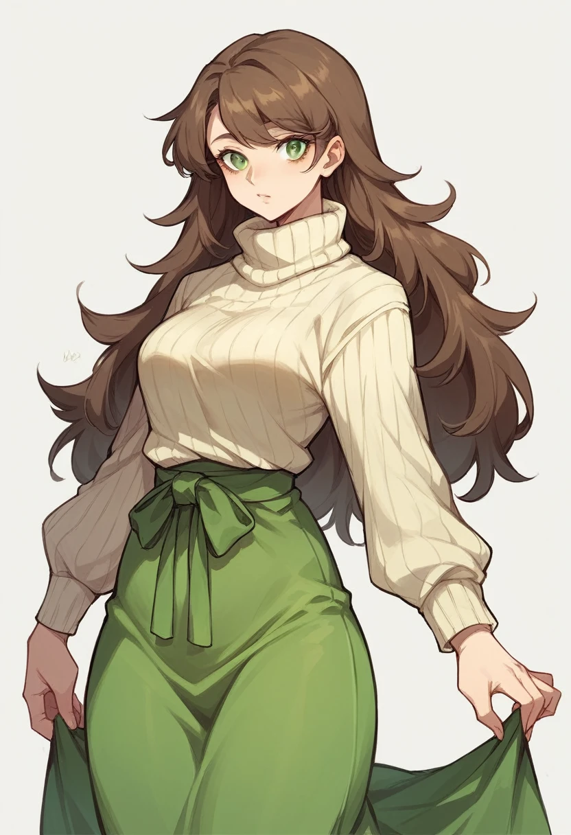 (Tall woman in her 30s,Brown Hair,Long hairstyle, tied to the right,Green Eyes,Medium Chest,wide thighs,Her hair is longer than her shoulders)Pale yellow vertical sweater,Long skirt in light green