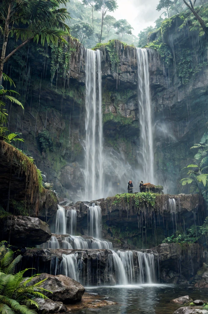 Jungle, waterfall, raining, castle, unreal engine 5 render, realistic,