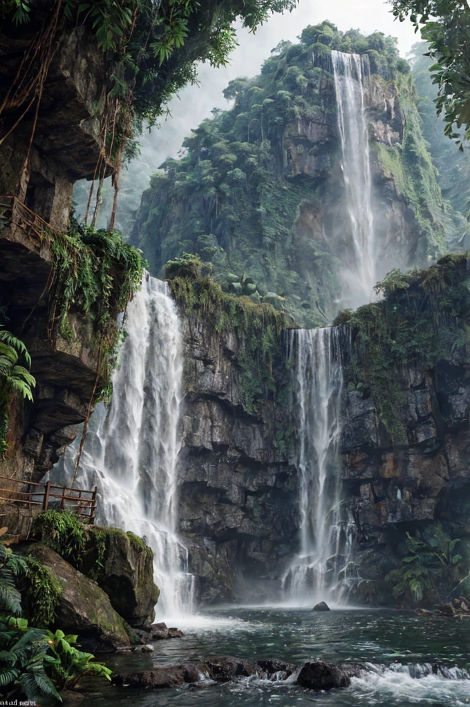 Jungle, waterfall, raining, castle, unreal engine 5 render, realistic,