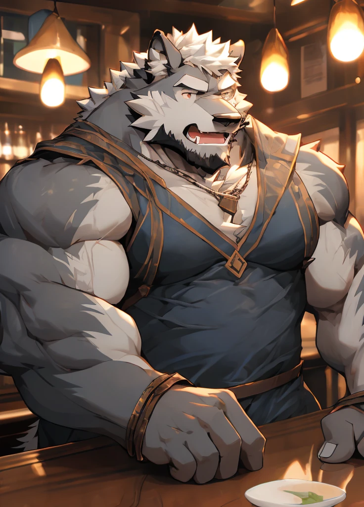 (masterpiece),(Very detailed),(best quality),solitary,hairy,Wolf,Gray blue fur,White hair,black beard,muscular,Strong body,Mercenary Outfit,Open,Bar Background,8K,indifferently((high quality))