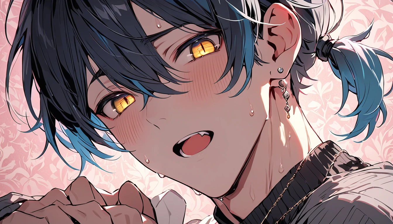 ((((best masterpiece, best quality, wallpaper,)))) solo, guy, male body, small muscles, flat chest, 1male, 30 years old, handsome man, dramatic angle, upper body, looking at viewers, beautiful detailed, mediumturquoise hair, ((((Lower short ponytail)))), asymmetrical bangs, ((short hair,)) blush stickers, sweat, (((perfect face, extremely detailed eyes,))) ((( jitome, gold eyes, ^o^, tareme, droopy eyes,))) perfect hands, sharp nose, clear face, black turtleneck, grey cardigan, ((silver piercing, pendant,)) leggings, pink background color ultrasharp, 8K, masterpiece,