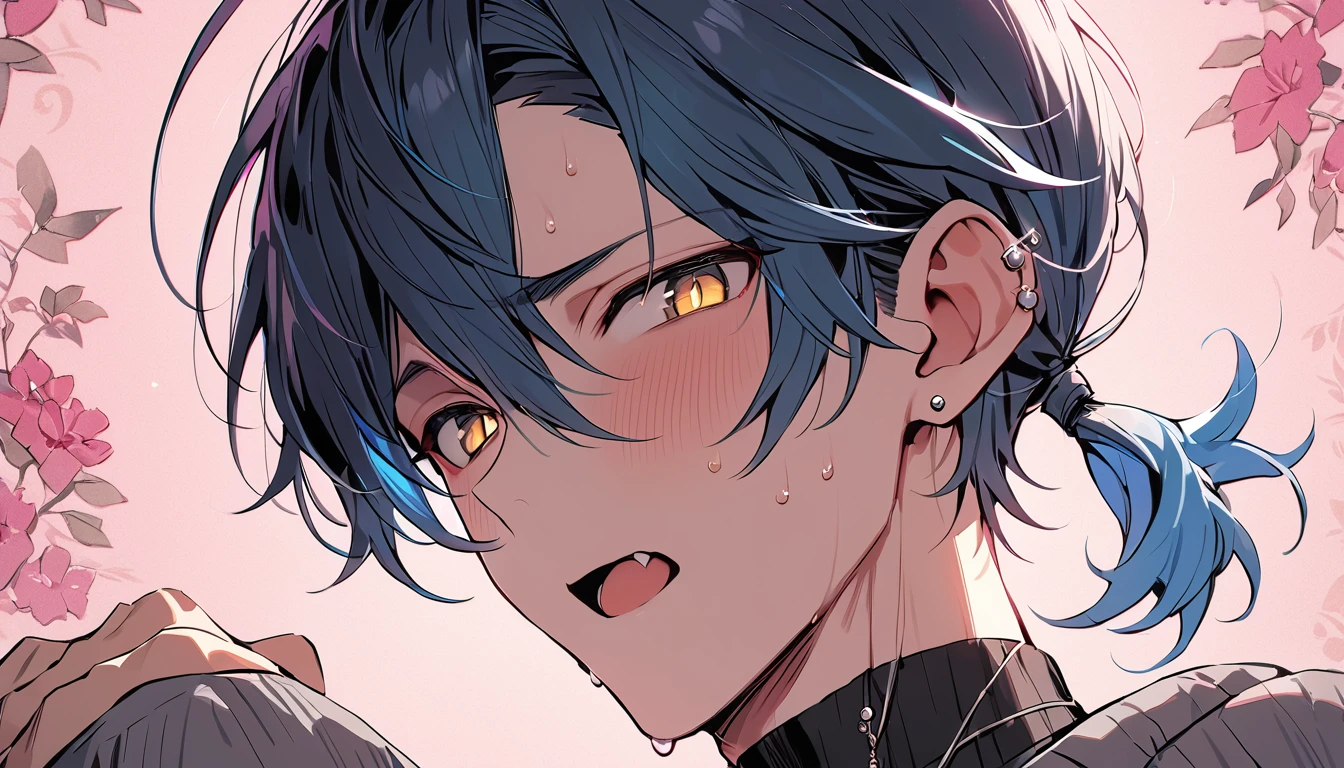 ((((best masterpiece, best quality, wallpaper,)))) solo, guy, male body, small muscles, flat chest, 1male, 30 years old, handsome man, dramatic angle, upper body, looking at viewers, beautiful detailed, mediumturquoise hair, ((((Lower short ponytail)))), asymmetrical bangs, ((short hair,)) blush stickers, sweat, (((perfect face, extremely detailed eyes,))) ((( jitome, gold eyes, ^o^, tareme, droopy eyes,))) perfect hands, sharp nose, clear face, black turtleneck, grey cardigan, ((silver piercing, pendant,)) leggings, pink background color ultrasharp, 8K, masterpiece,