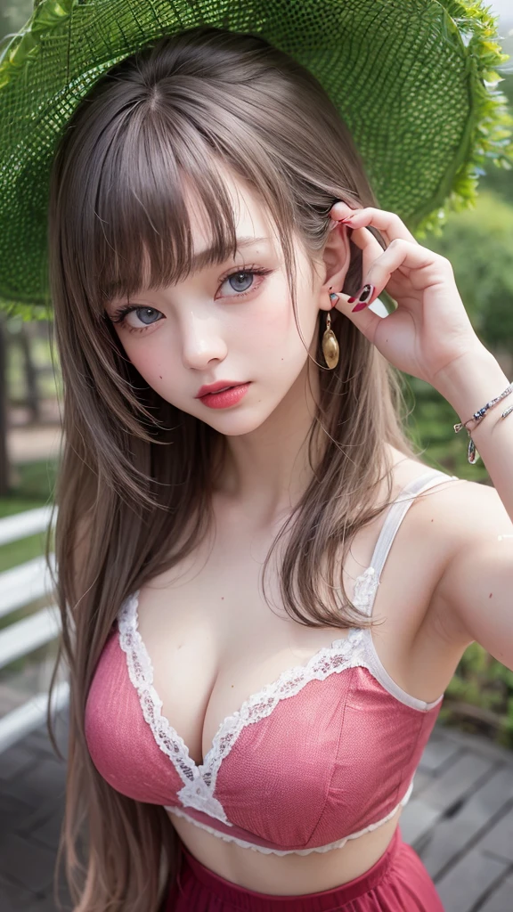 Beauty、 One girl, alone, Long Hair, View your viewers, smile, blue eyes, hair ornaments, White Background, jewelry, Gray Hair, Mouth closed, Blunt bangs, Manicure, bracelet, lips, Grey Eyes, Portraiture, Red nails, close, red lips, put your hand on your face, Put your hand on your cheek,(Mature Woman),(Shiny skin),((Steaming body))(A girl walking in a park after the rain)、whole body、(Wet semi-transparent white cropped T-shirt)Wet tight mini skirt、Wet pink bra showing through、Slim body、Medium sized breasts、slim female model,((She's wet))(nipple)(Pink is transparent),((Golden white wet hair)),
