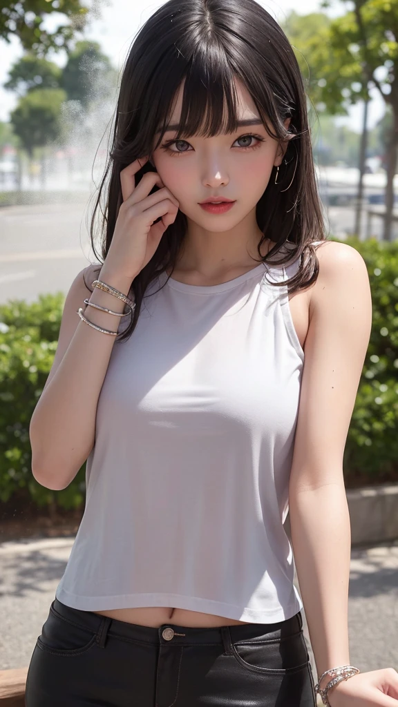 Beauty、 One girl, alone, Long Hair, View your viewers, smile, blue eyes, hair ornaments, White Background, jewelry, Gray Hair, Mouth closed, Blunt bangs, Manicure, bracelet, lips, Grey Eyes, Portraiture, Red nails, close, red lips, put your hand on your face, Put your hand on your cheek,(Mature Woman),(Shiny skin),((Steaming body))(A girl walking in a park after the rain)、whole body、(Wet semi-transparent white cropped T-shirt)Wet tight mini skirt、Wet pink bra showing through、Slim body、Medium sized breasts、slim female model,((She's wet))(nipple)(Pink is transparent),((Golden white wet hair)),