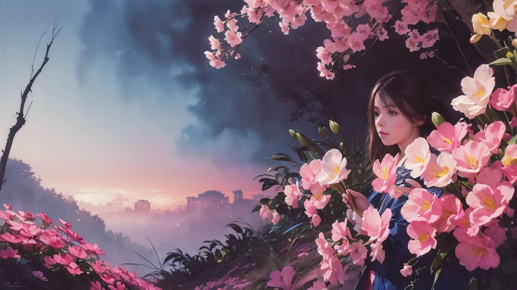 32k, Masterpiece, Highest quality, One girl, Brown Hair, Detailed eyes, flower,Freesia, Pink and navy style,A dreamy, romantic piece,Pale yellow, Mysterious Leaves,A playful arrangement,Fantasy,High Contrast,Ink strokes,explosion,Exposure, Impression of pink and navy tones,Abstract,((Watercolours by John Berkey and Jeremy Mann )) Brush strokes,Negative Space, Tyndall effect,