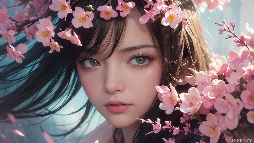 32k, Masterpiece, Highest quality, One girl, Brown Hair, Detailed eyes, flower,Freesia, Pink and navy style,A dreamy, romantic piece,Pale yellow, Mysterious Leaves,A playful arrangement,Fantasy,High Contrast,Ink strokes,explosion,Exposure, Impression of pink and navy tones,Abstract,((Watercolours by John Berkey and Jeremy Mann )) Brush strokes,Negative Space, Tyndall effect,