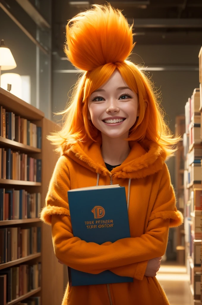 I want a photo of an emotion from the fun pixar film. She has orange fur and yellow hair., she holds books and is happy 