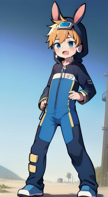 2D Shonen Shota,One-piece mountaineering suit,Slim, healthy body,Put the headphones on your head,stand up,goggles,Rabbit ears,Happy,Sailor collar,tie,zipper,hood,Panting