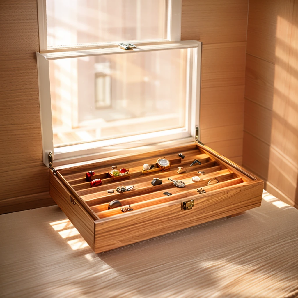 In this cozy room，A ray of sunlight shone through the half-drawn curtains on the table，Let the wood grain on the watch storage box shine with a faint luster。There was a calm and peaceful atmosphere in the air around them。There are several still lifes hanging on the walls of the room，It adds a touch of elegance to the space。And on the other side of the room，The half-open window lets in the breeze，The pages on the small desk by the window turned in the wind，This quiet scene gives a sense of tranquility and comfort。

