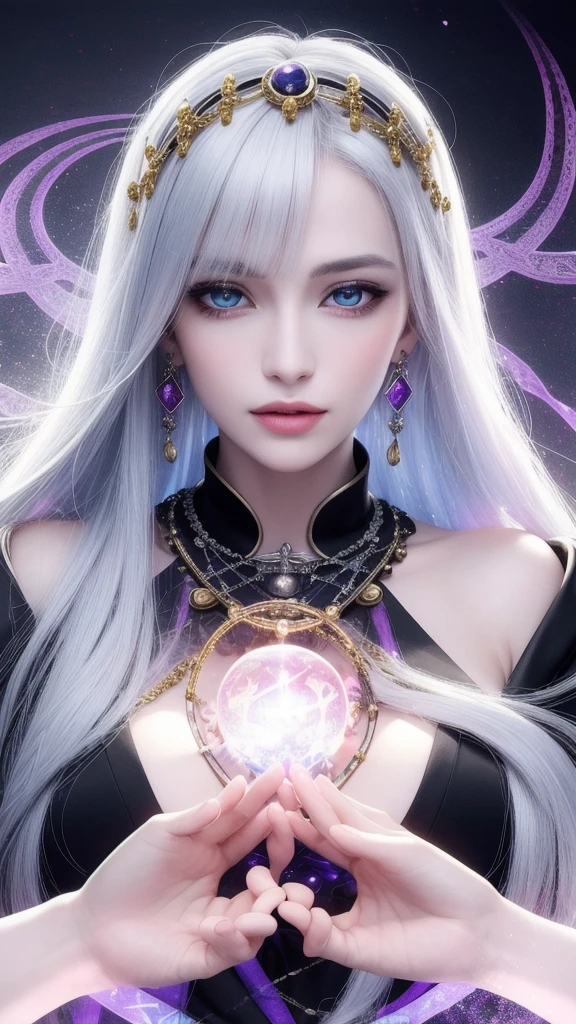 (masterpiece, top quality, 1 female, solo, exquisite details, chromatic aberration), (realistic), (skin), ((breathing)), (silver hair, blunt bangs, short straight long hair, short bangs, silver hair), beautiful hair, red headdress, blue highlights, hair over one eye, pretty eyes, purple eyes, thick lips, earrings, piercing eyes, ((gold and white kimono)), ((symmetrical eyes)), ((perfectly symmetrical body)), ((perfectly symmetrical hands)), (purerosface_v1:0.3), night, ((self, natural light))), bright lighting, flowers blooming in the background, in front of the viewer, ((central shot, from the front, (face and shoulders))), mysterious atmosphere, flowers blooming around, light colored background, fortune teller in kimono, beautiful fortune teller, fortune teller, fantasy female fortune teller, female fortune teller, f Fantasy photography, magician, witch fairy tale, Japanese style, elegant cinematic fantasy art, fantasy woman, sorceress portrait, casting spells, fortune teller, powerful wizard stands among mystical colorful flowers, fluttering robes adorned with symbols, holding a glowing heart crystal ball, eyes glowing with mystical energy, spells leaking from his mouth, vivid swirling patterns of black magic pulsating with iridescent hues appear in the air, magic permeates, flowers bloom, sacred creatures gaze in awe, threads of magical energy dance, revealing hidden realms, unravelling secrets, capturing the essence of this enchanting moment and bringing to life the mystical power of witchcraft on a canvas of the highest quality and finest detail. Top Quality, Masterpiece, Ultra High Resolution, (Photorealistic: 1.4), RAW Photo, Sharp Focus, High Resolution, Detailed Skin.