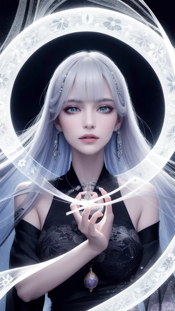 (masterpiece, top quality, 1 female, solo, exquisite details, chromatic aberration), (realistic), (skin), ((breathing)), (silver hair, blunt bangs, short straight long hair, short bangs, silver hair), beautiful hair, red headdress, blue highlights, hair over one eye, pretty eyes, purple eyes, thick lips, earrings, piercing eyes, ((gold and white kimono)), ((symmetrical eyes)), ((perfectly symmetrical body)), ((perfectly symmetrical hands)), (purerosface_v1:0.3), night, ((self, natural light))), bright lighting, flowers blooming in the background, in front of the viewer, ((central shot, from the front, (face and shoulders))), mysterious atmosphere, flowers blooming around, light colored background, fortune teller in kimono, beautiful fortune teller, fortune teller, fantasy female fortune teller, female fortune teller, f Fantasy photography, magician, witch fairy tale, Japanese style, elegant cinematic fantasy art, fantasy woman, sorceress portrait, casting spells, fortune teller, powerful wizard stands among mystical colorful flowers, fluttering robes adorned with symbols, holding a glowing heart crystal ball, eyes glowing with mystical energy, spells leaking from his mouth, vivid swirling patterns of black magic pulsating with iridescent hues appear in the air, magic permeates, flowers bloom, sacred creatures gaze in awe, threads of magical energy dance, revealing hidden realms, unravelling secrets, capturing the essence of this enchanting moment and bringing to life the mystical power of witchcraft on a canvas of the highest quality and finest detail. Top Quality, Masterpiece, Ultra High Resolution, (Photorealistic: 1.4), RAW Photo, Sharp Focus, High Resolution, Detailed Skin.