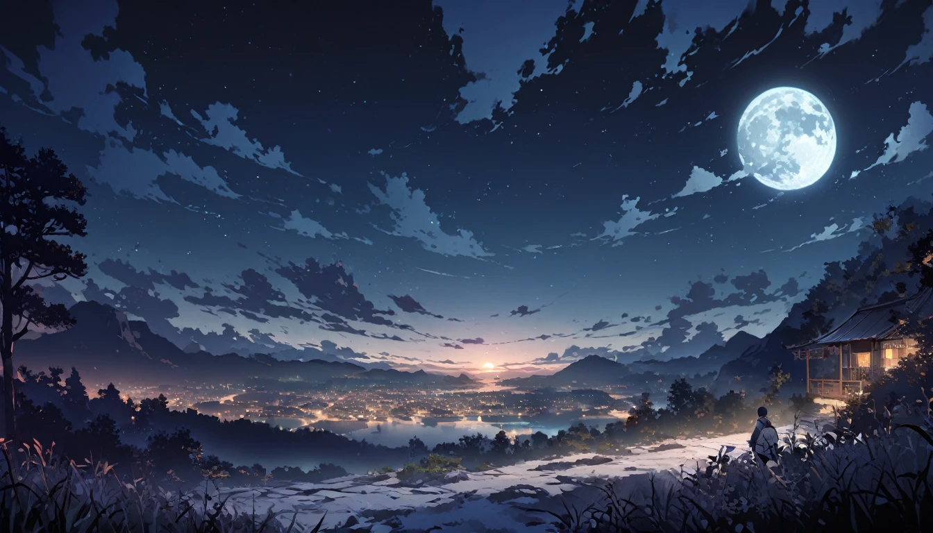 1 male, night, night景, landscape, moon