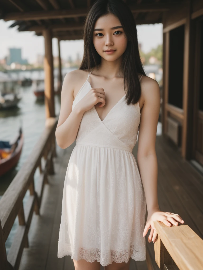 (masterpiece, UHD, 8k, best quality:1.2), solo, 1girl, (photorealistic:1.2), (RAW photo), (ultimate-realistic, ultimate-realistic details, ultimate-realistic texture, ultimate-intricate details, ultimate-realistic lighting, ultimate-realistic shadow, japanese girl, age 24 years old, ultimate-cute face, ultimate-RAW skin, ultimate-eyes, (((full body))), in a white dress next to a night of chaophraya riverside, dewy face, sunrays shine upon it, crisp detailing, no haze, modern dress, tropical, contax tix, cabincore, 8K, intricate, blue eyes ,light shadow, film grain, Hasselblad X2D 100C + XCD 2,5/25V, F/1.8, (cinematic still:1.2), 35mm photograph, film, bokeh, professional, 4k, highly detailed, perfect fingers ,Extremely Realistic,